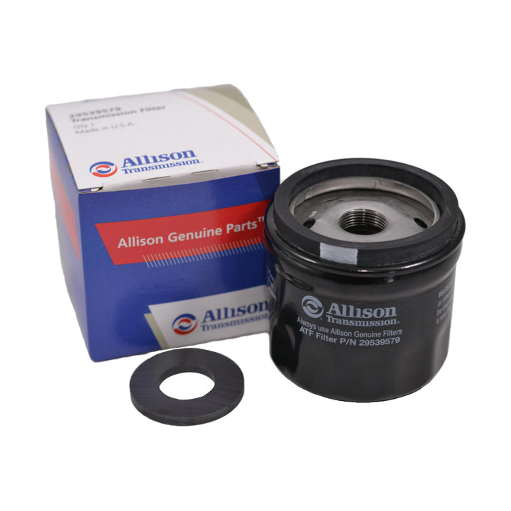 Allison front view of 29539579 spin-on filter showing fit and OEM labeling for reliable replacement