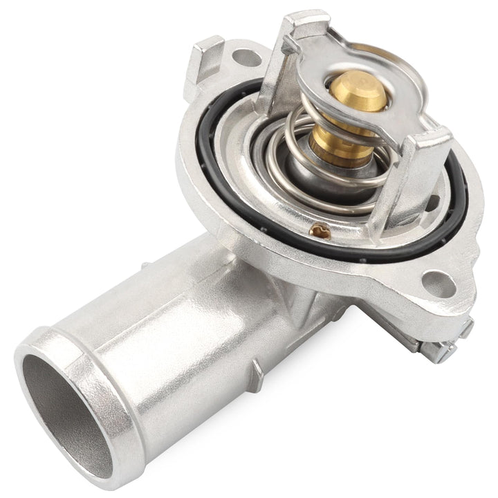 Allmotorparts thermostat housing front view showing flange and ports for quick identification and fit