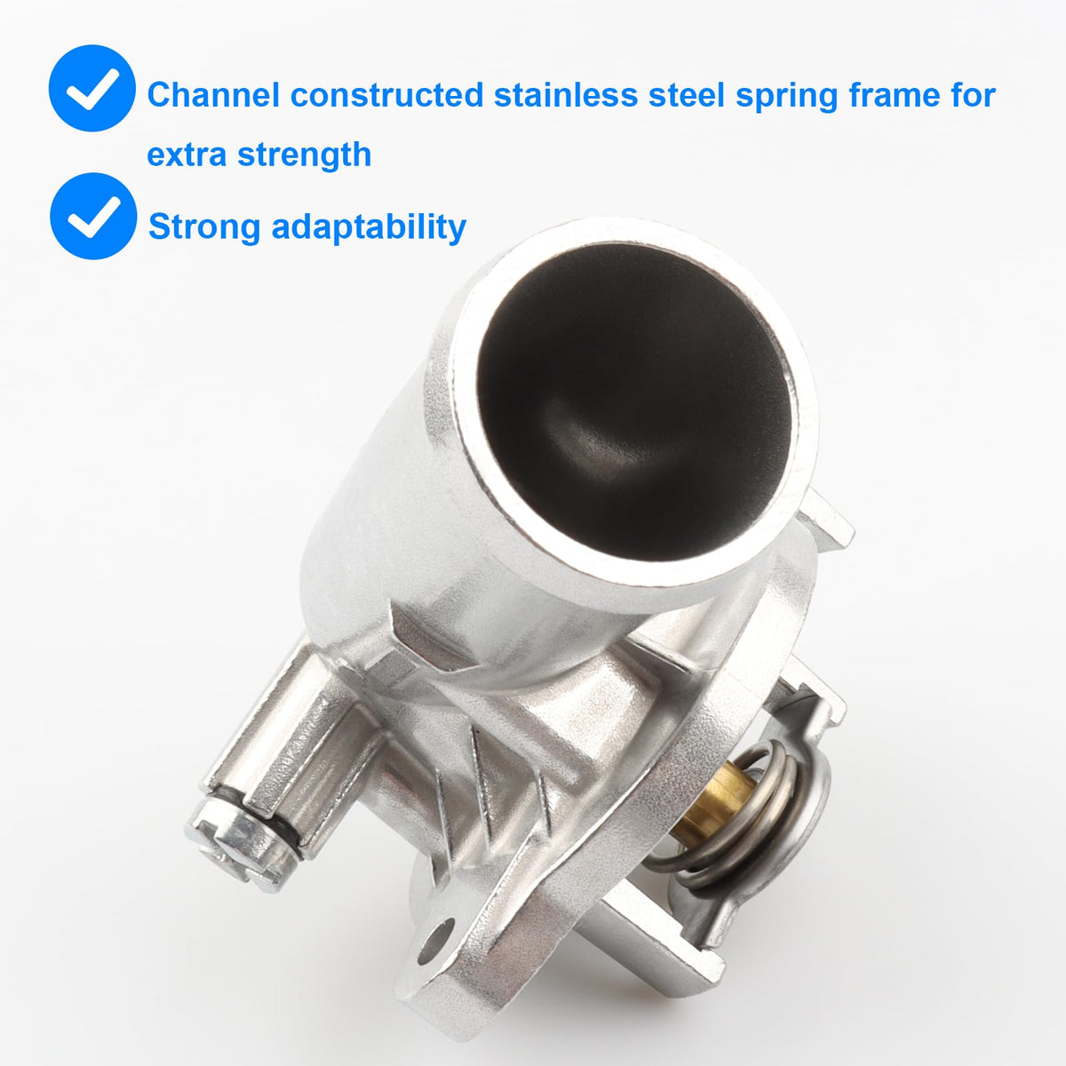 Allmotorparts thermostat housing scale comparison with ruler showing compact size for accurate part selection