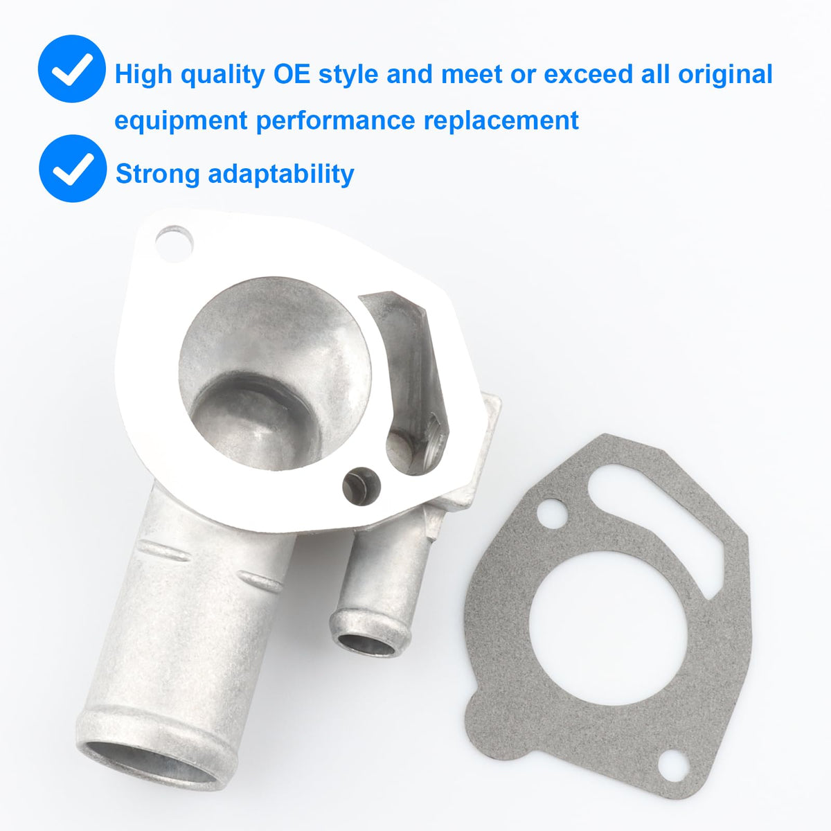 Allmotorparts thermostat housing beside ruler for size comparison and fit confirmation