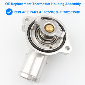 Allmotorparts thermostat housing side detail highlighting robust aluminium construction and durability benefit