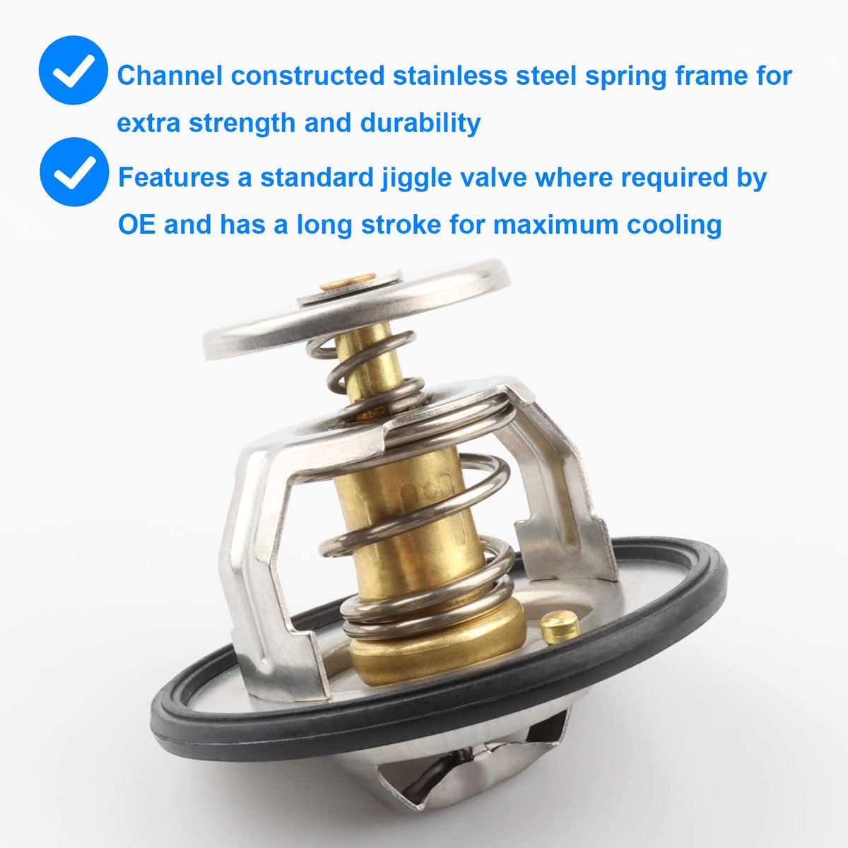 Allmotorparts thermostat next to ruler showing compact size and simple swap benefit