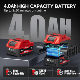 Alloyman two 4.0Ah batteries with charger displayed to show extended runtime