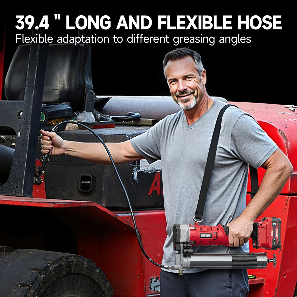 Alloyman cordless grease gun in use on a tractor showing fast professional lubrication