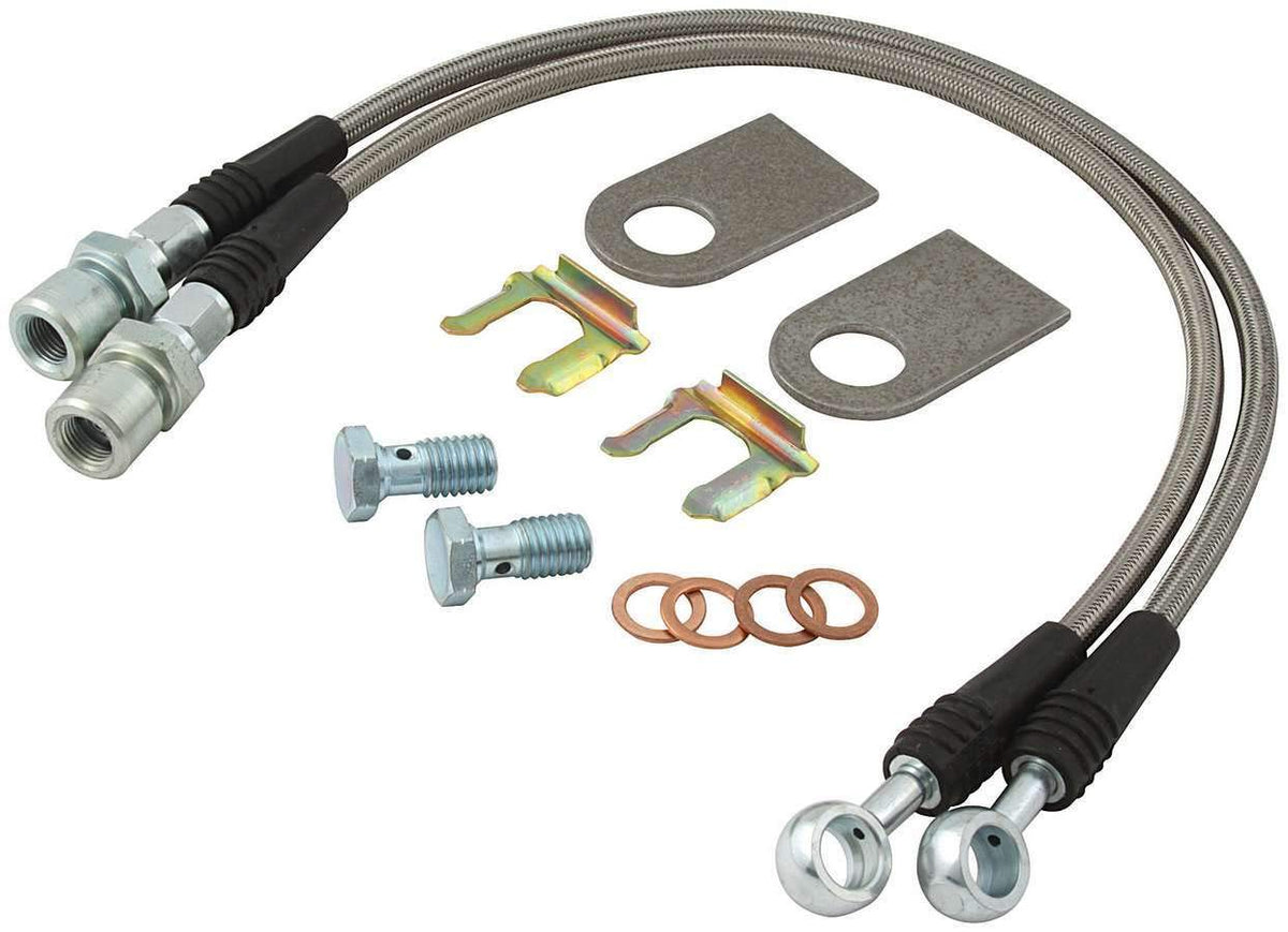 Allstar Performance ALL42032 front view showing braided hoses and included hardware for durable replacement