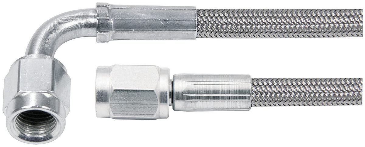 Allstar Performance brake hose front view showing fittings and durable braid, improves reliability