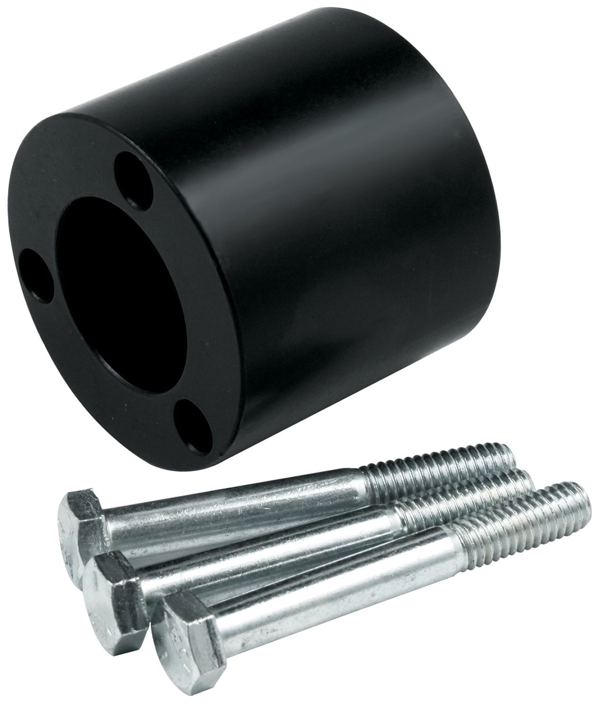 Allstar Performance steering extension front view showing 2-inch spacer and anodized finish improving driver reach