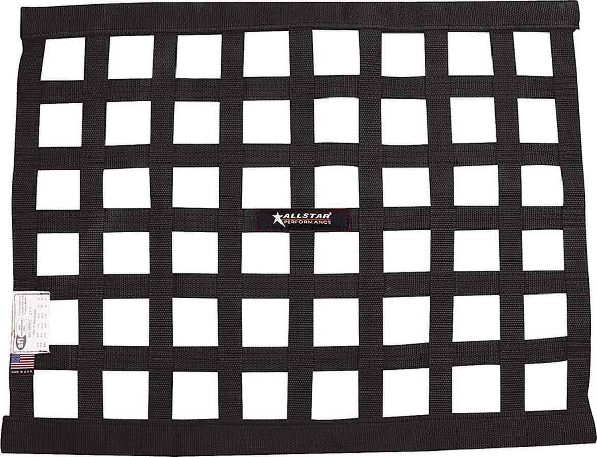 Allstar Performance front view of black 18x24 window net showing mounting border and strong weave