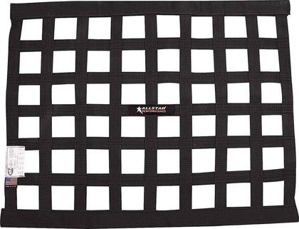 Allstar Performance front view of black 18x24 window net showing mounting border and strong weave
