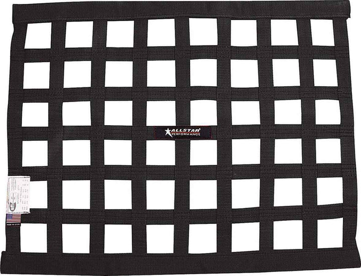 Allstar Performance front view of black 18x24 window net showing mounting border and strong weave
