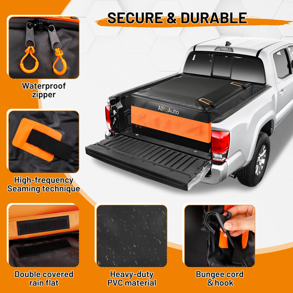 AlltoAuto cargo bag filled and secured in a full-size pickup bed for dry hauling