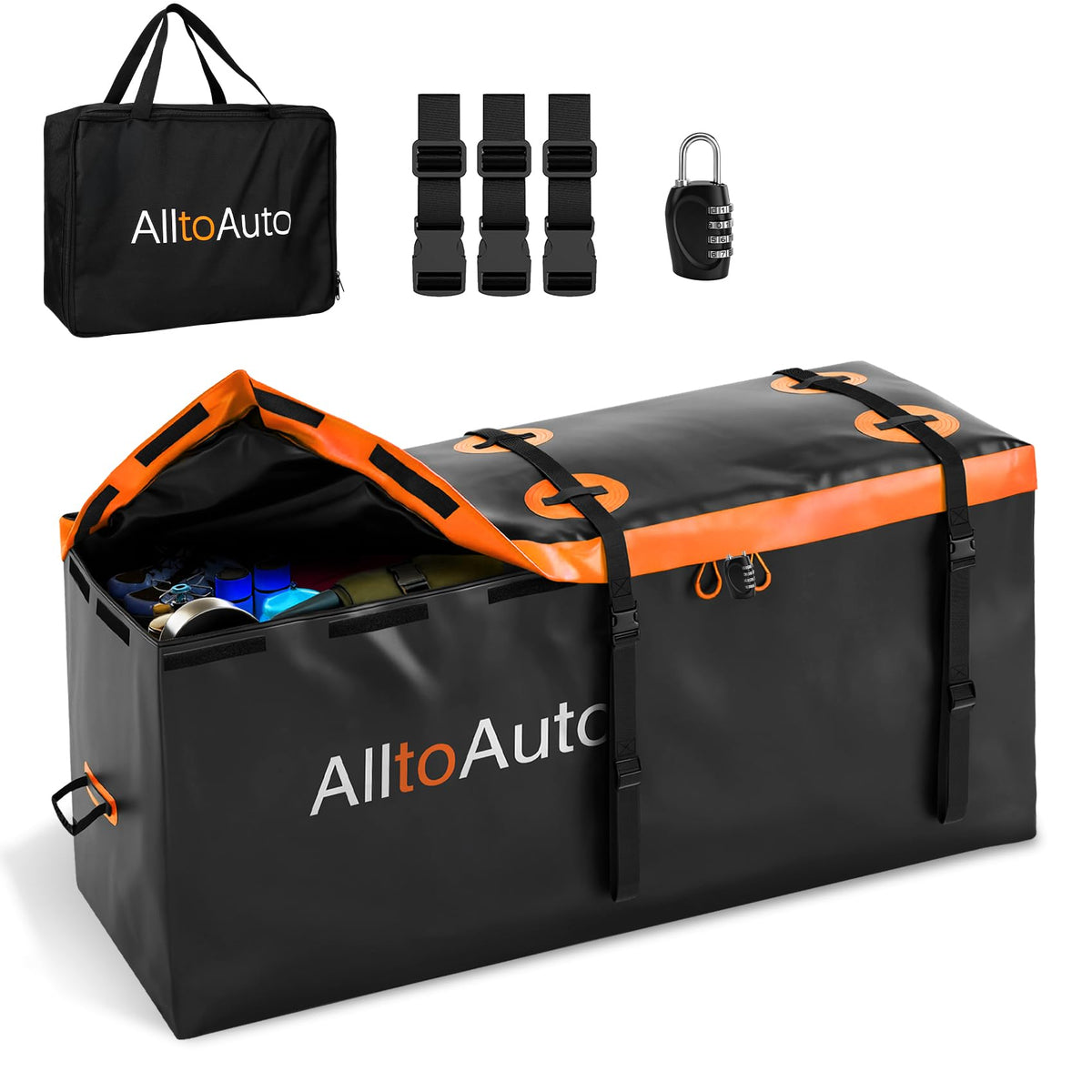 AlltoAuto front view of hitch cargo bag showing full waterproof coverage and ample capacity