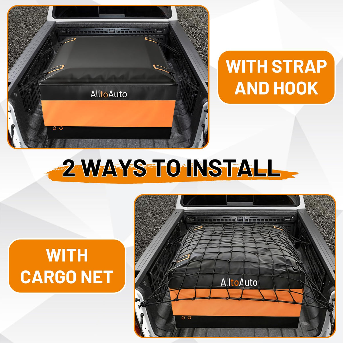 AlltoAuto bag loaded in truck bed showing capacity and road stability
