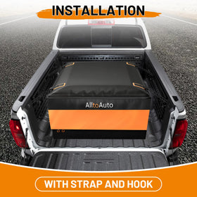 AlltoAuto bag beside suitcases showing 26 cubic feet capacity comparison