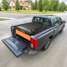 AlltoAuto beside suitcase to show 58x49x23 size and 38 cubic feet capacity