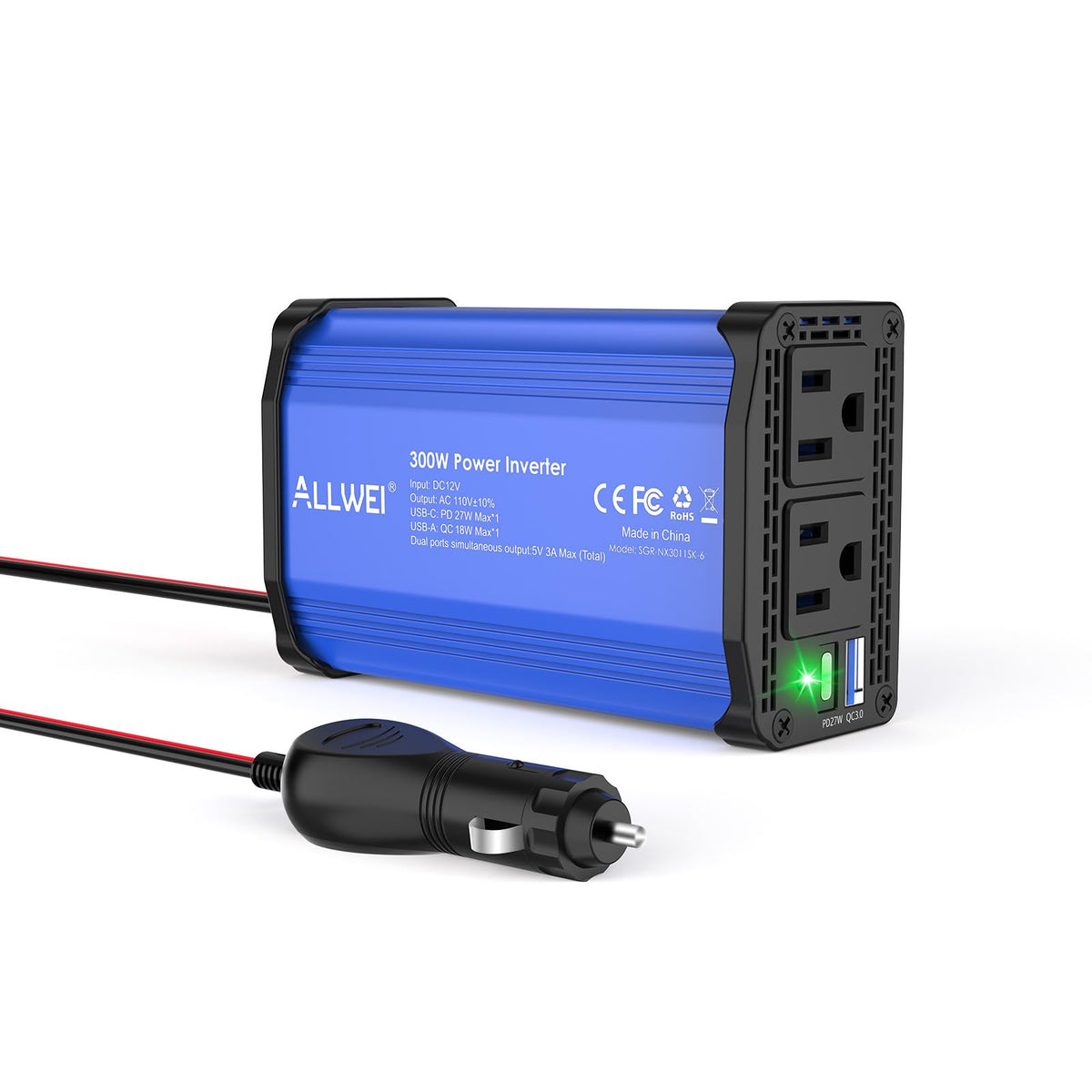 ALLWEI 300W front view showing AC outlets and USB ports for versatile charging