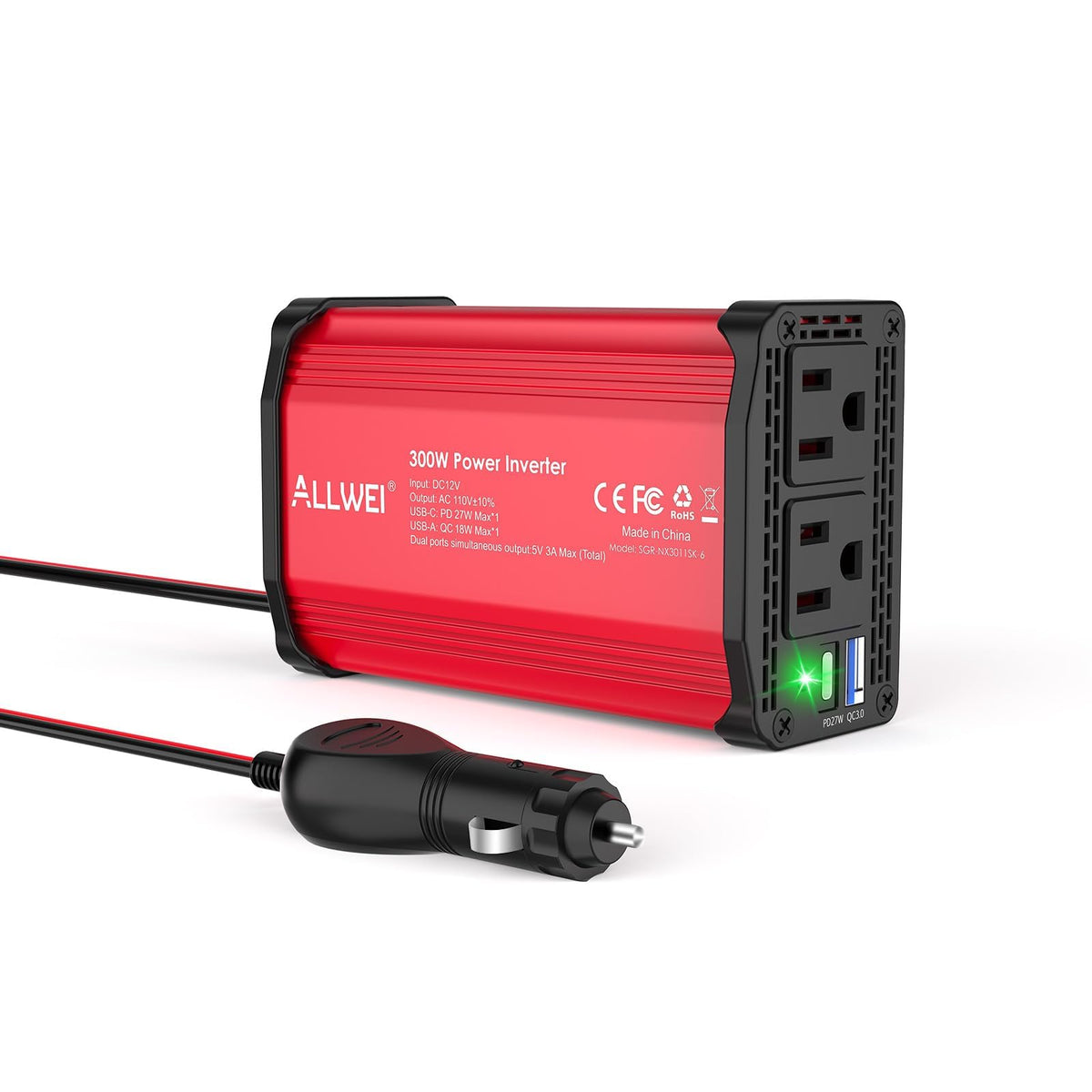 ALLWEI 300W front view showing dual AC outlets and red casing for portable power