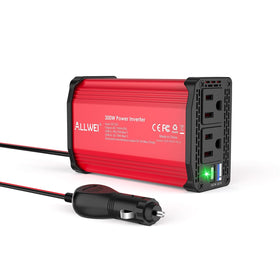 ALLWEI 300W front view showing dual AC outlets and red casing for portable power