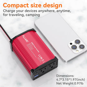 ALLWEI plugged into car lighter on front seat powering a laptop during travel