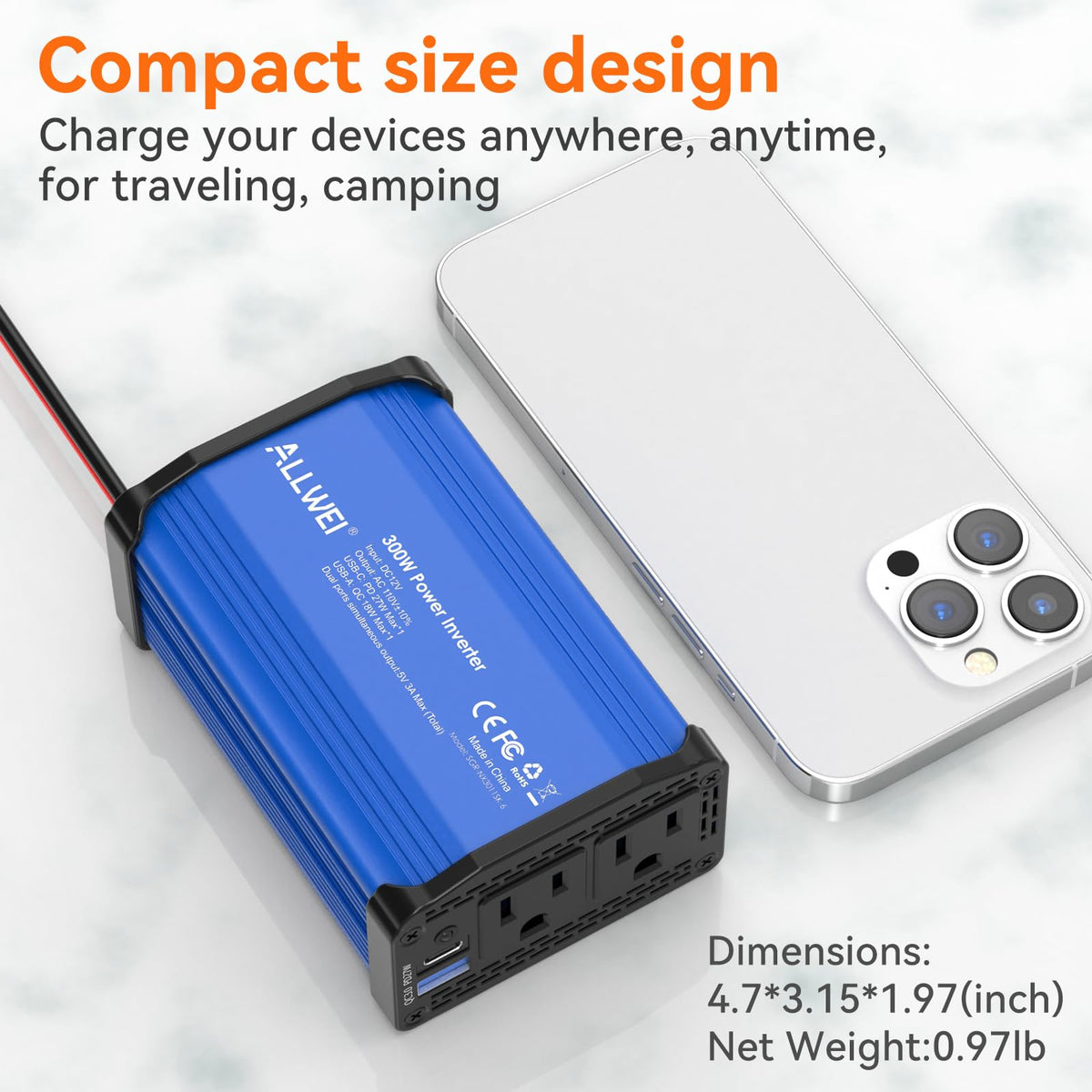 ALLWEI beside smartphone for scale highlighting compact portable inverter size