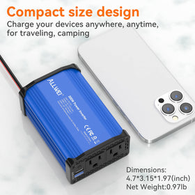 ALLWEI beside smartphone for scale highlighting compact portable inverter size