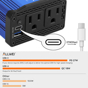 ALLWEI top panel focused on USB-C PD and USB-A ports for fast device charging