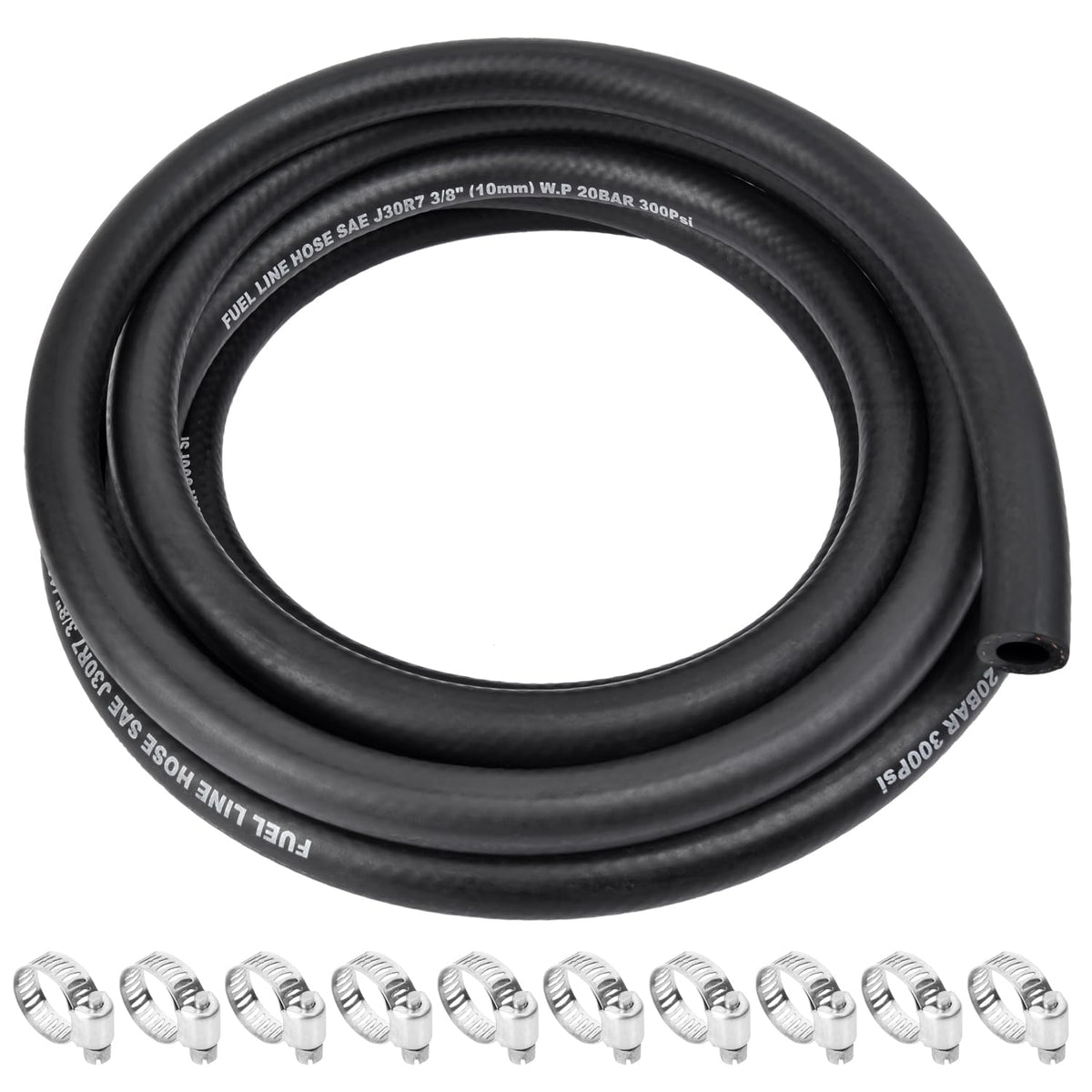 ALLWIN front view of 10ft fuel hose kit showing hose and clamps for easy replacement
