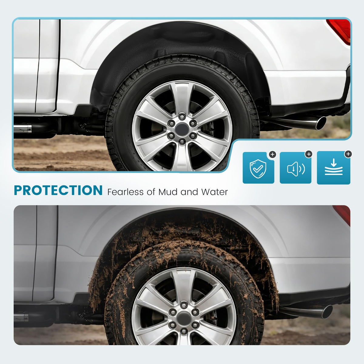 ALMULOO installed liner in F-150 rear wheel well reducing splash and protecting metal