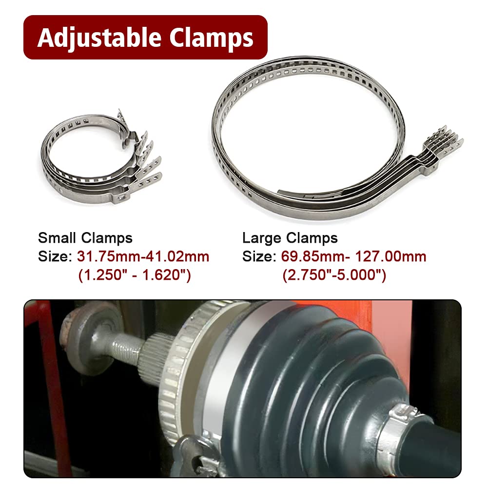 Alpha Rider stainless clamps spread showing small and large bands for universal fit