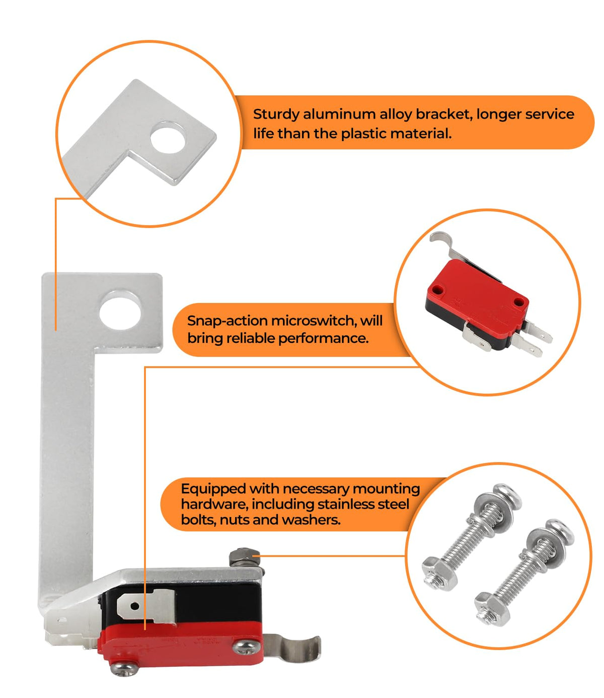 Alpha Rider microswitch detail showing snap-action mechanism and reliable switching benefit