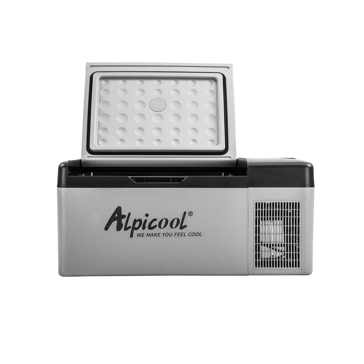 Alpicool C15 front view showing compact rugged housing and handle for easy transport