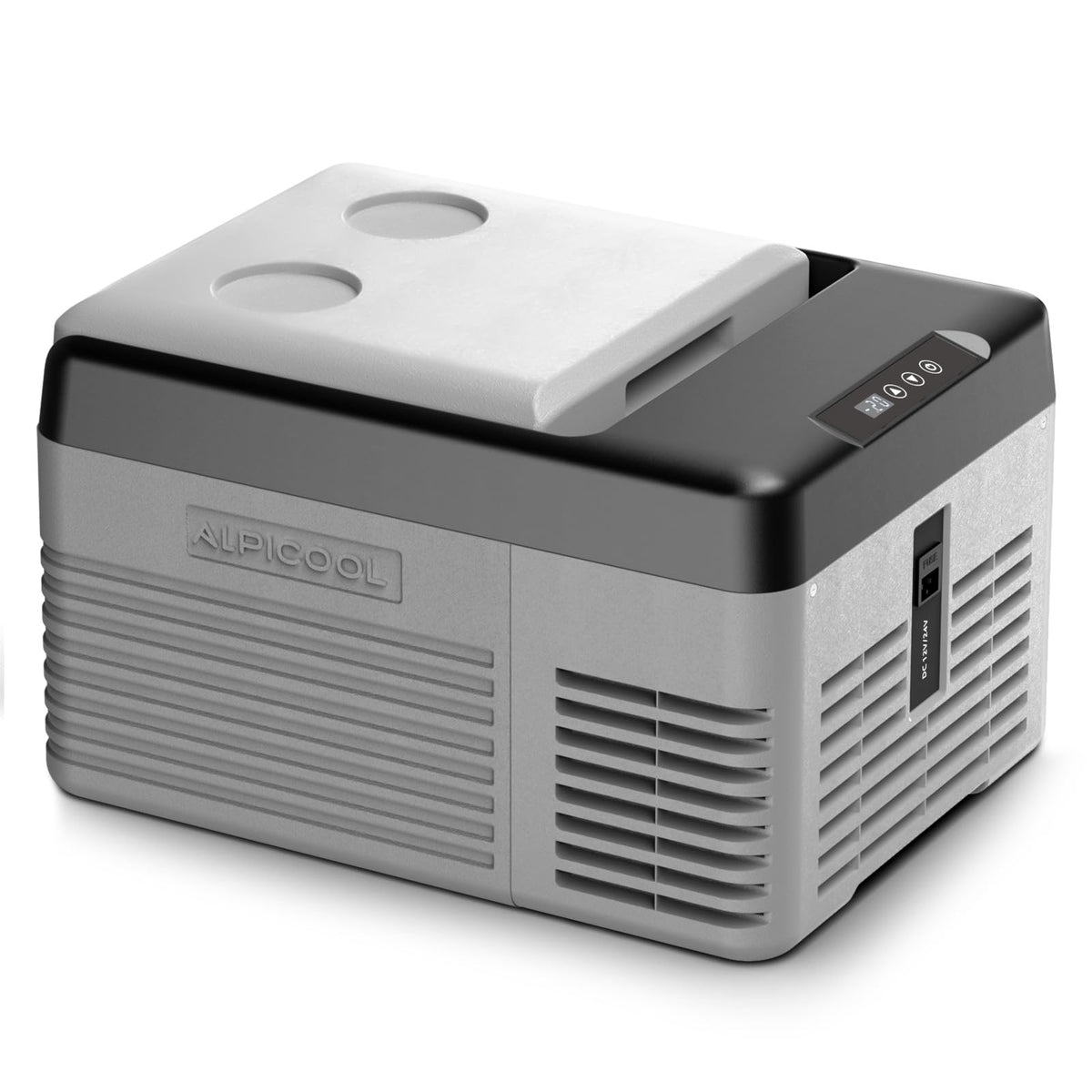 Alpicool front view compact fridge showing sleek exterior and portability
