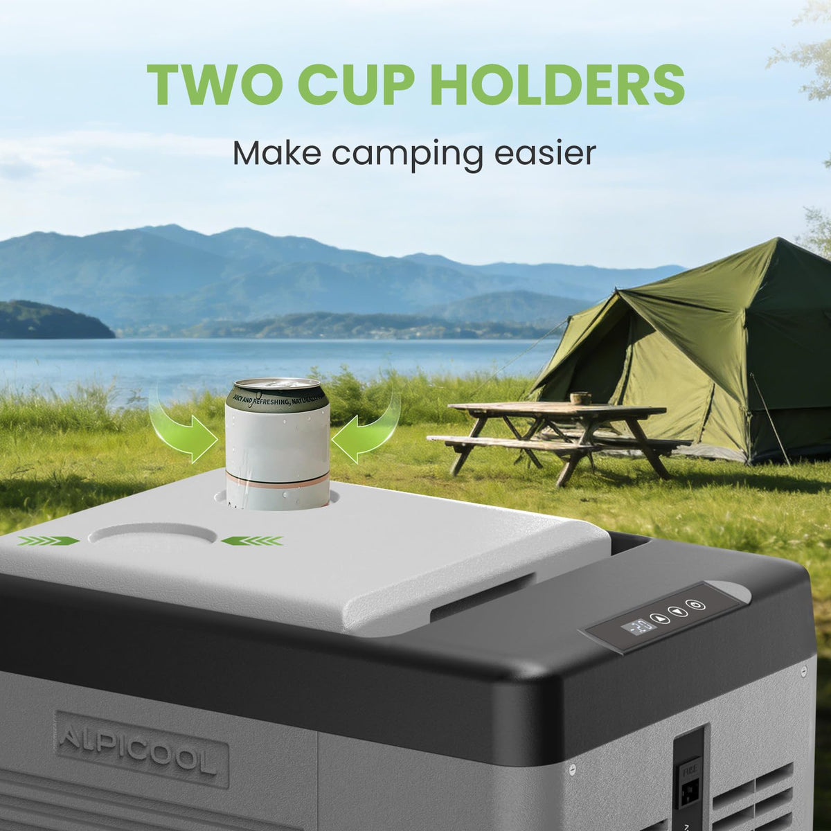 Alpicool power cable and adapters displayed for AC and DC versatility