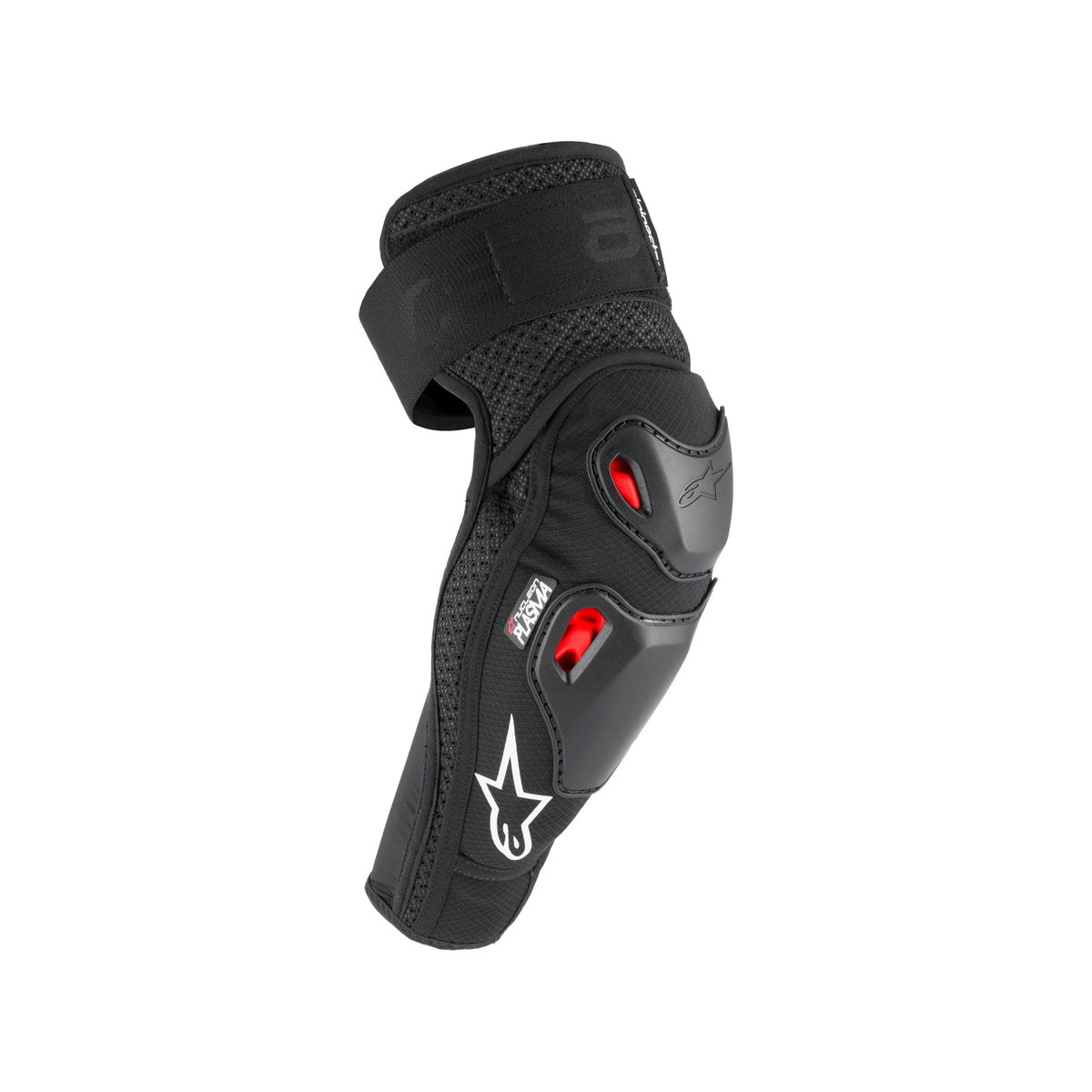 Alpinestars elbow protector front view showing fit and secure strap benefit