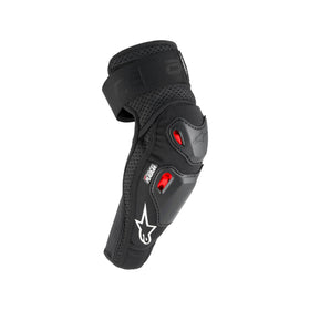 Alpinestars elbow protector front view showing fit and secure strap benefit