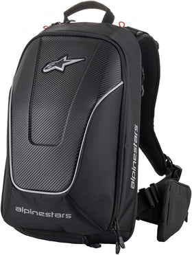 Alpinestars front view of backpack showing aerodynamic shape and secure closure for stable carry