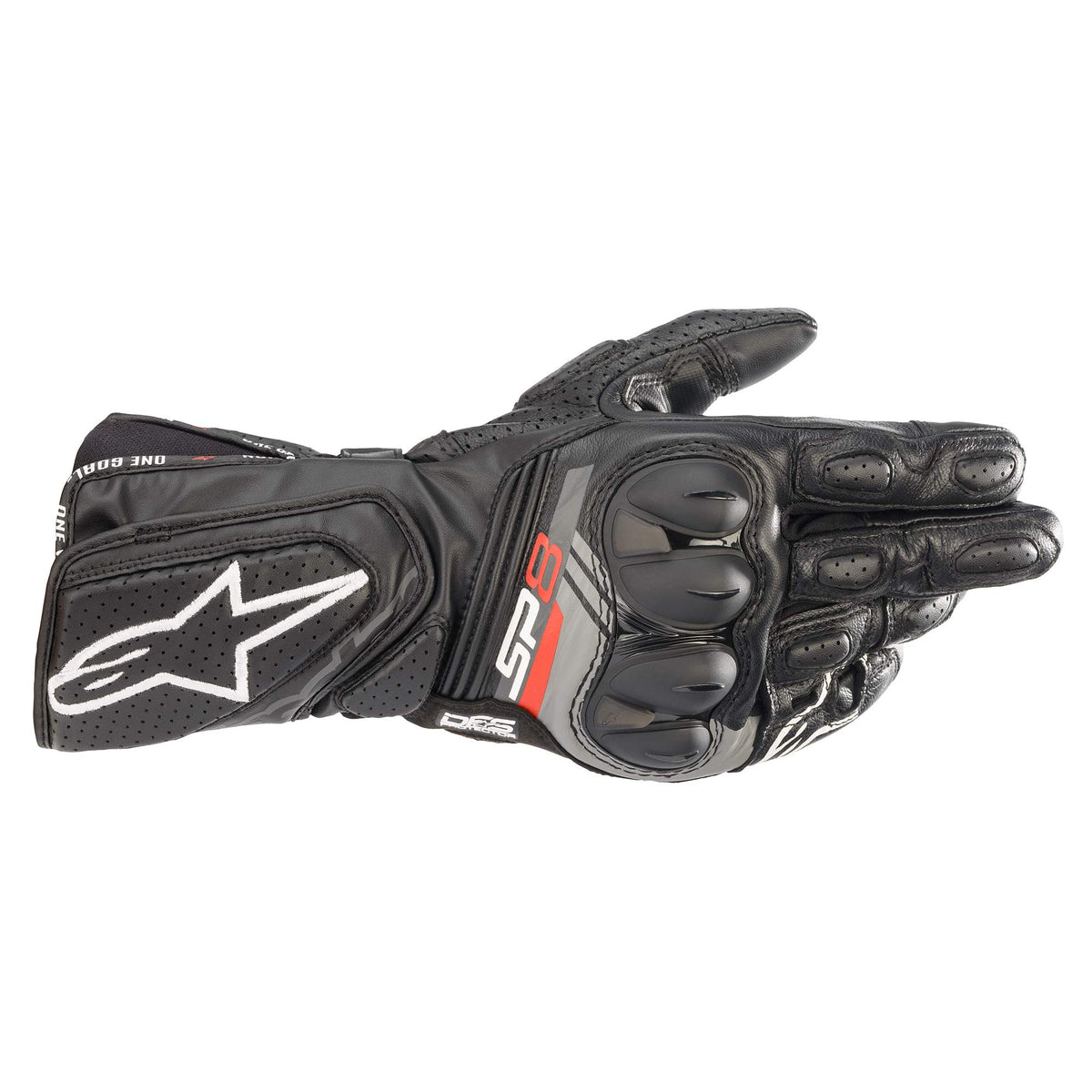Alpinestars SP-8 V3 front view showing gauntlet cuff and race-inspired profile for secure fit