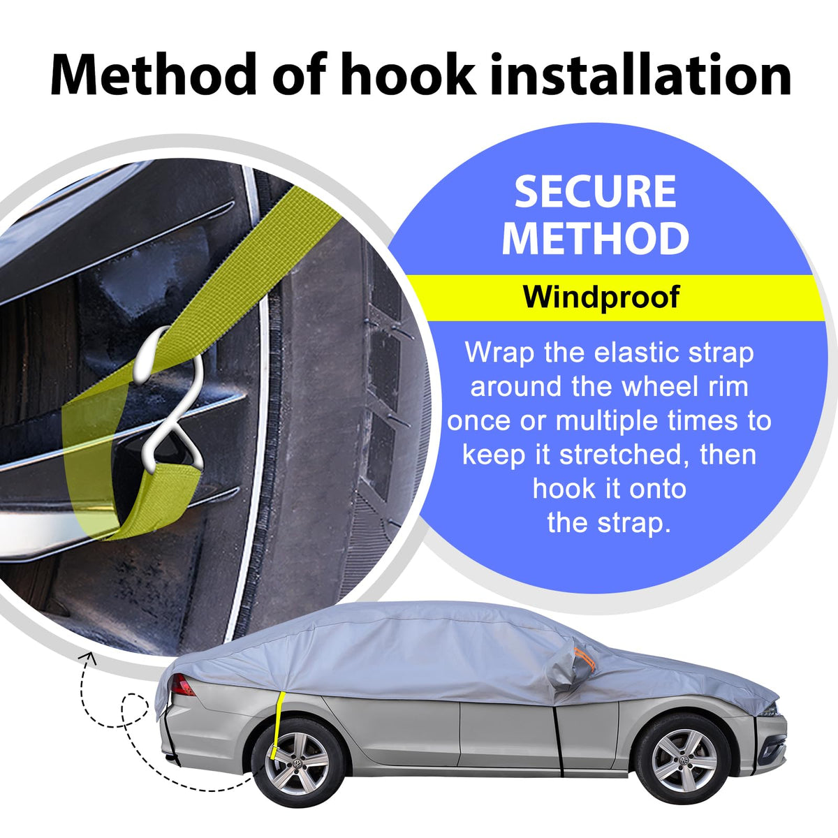 AltoCover elastic wheel strap fastening under wheel to hold cover steady in wind