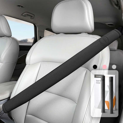 AMADAW front packaging showing two black seat belt covers and benefit comfort