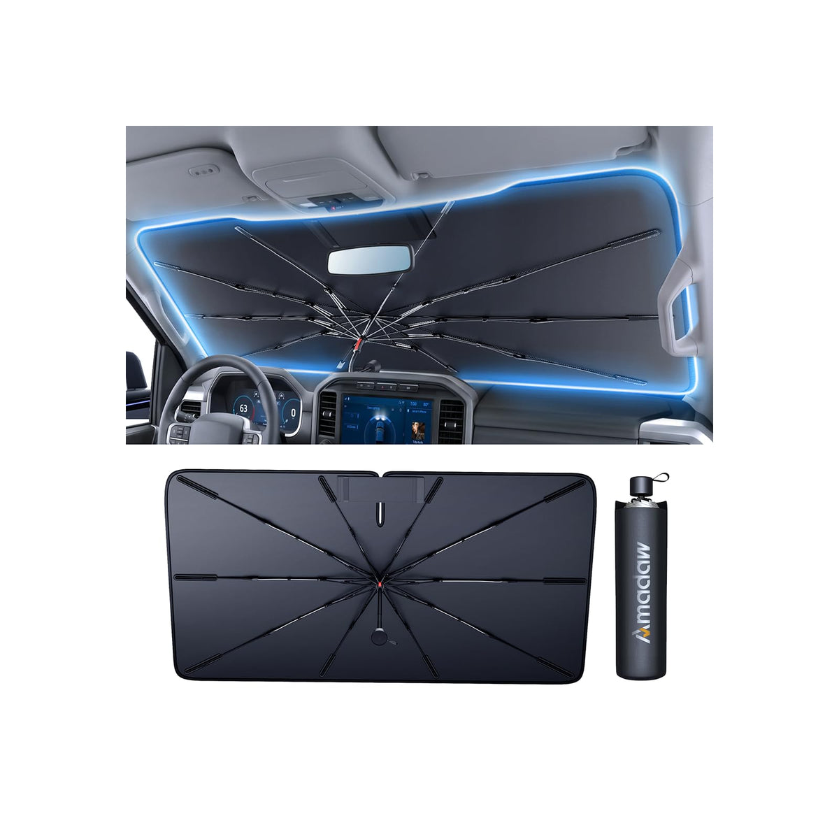 AMADAW front view of open SUV shade showing full windshield coverage and cooling benefit