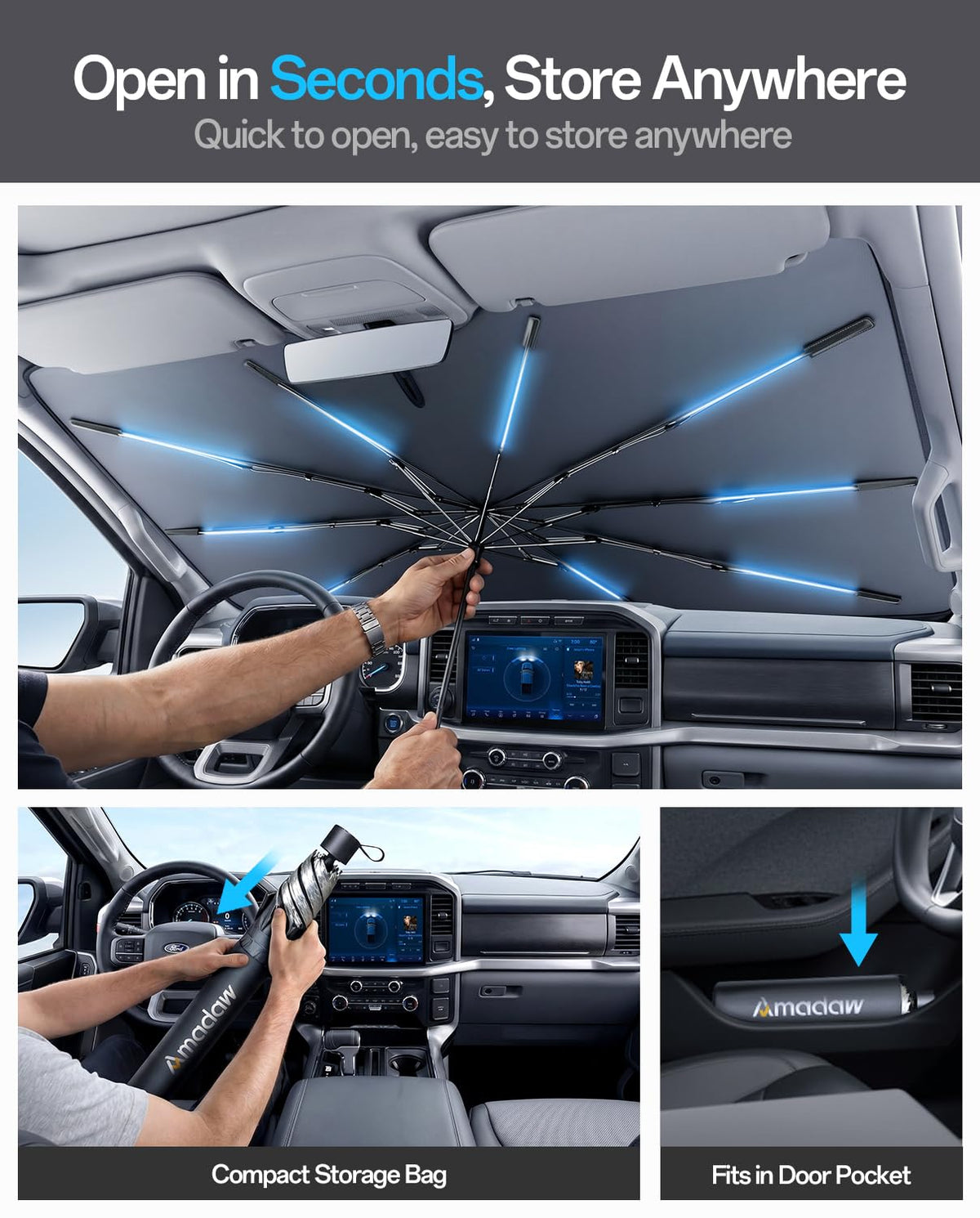 AMADAW installed on Forester windshield, keeps interior cooler when parked