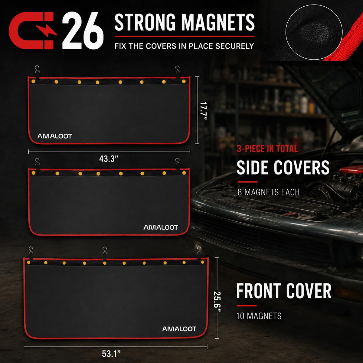 AMALOOT sewn-in neodymium magnet edge holding cover securely on panel