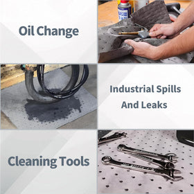 Amasorb pad under car engine catching oil drips for cleaner garage maintenance