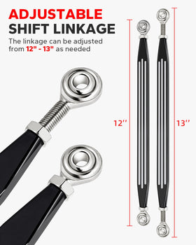 Amazicha linkage beside ruler illustrating adjustable 12 to 13 inch range
