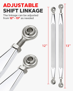 Amazicha linkage next to ruler showing adjustable 12 to 13 inch length benefit