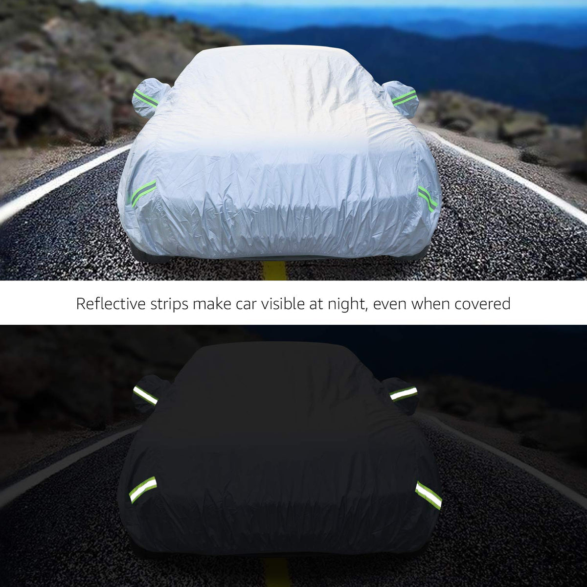 Amazon Basics cover beside measuring tape showing proper fit for sedans