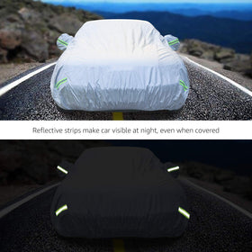 Amazon Basics cover beside measuring tape showing proper fit for sedans