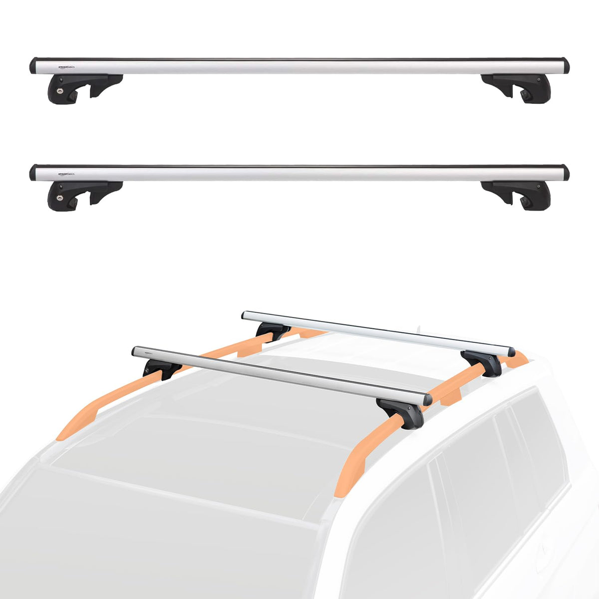 Amazon Basics cross rail front view showing pack of two and mounting brackets for easy cargo use