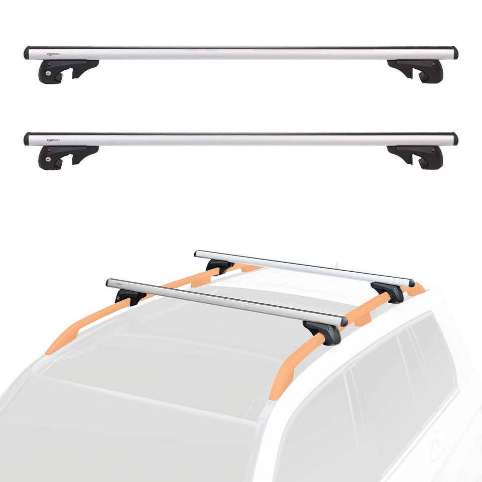Amazon Basics cross rail front view showing pack of two and mounting brackets for easy cargo use