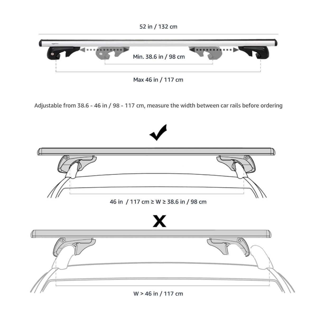 Amazon Basics cross rail profile close-up showing aluminum finish and aerodynamic shape for quieter driving